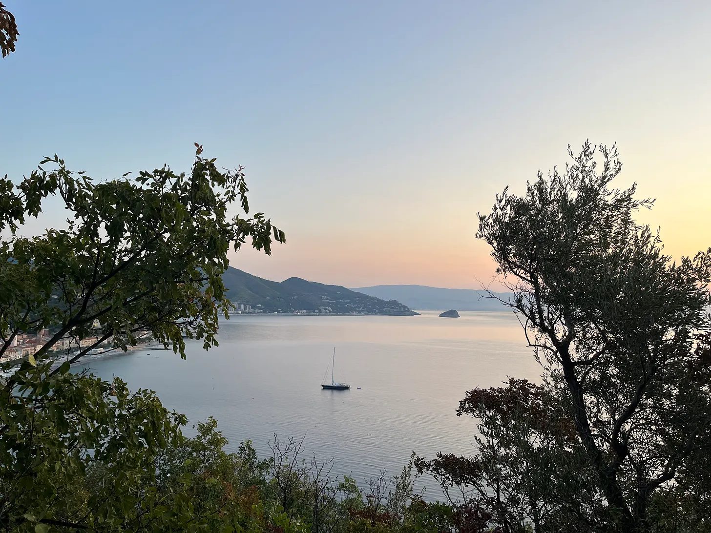 Vista do mar por entre árvores, com um veleiro ao largo.