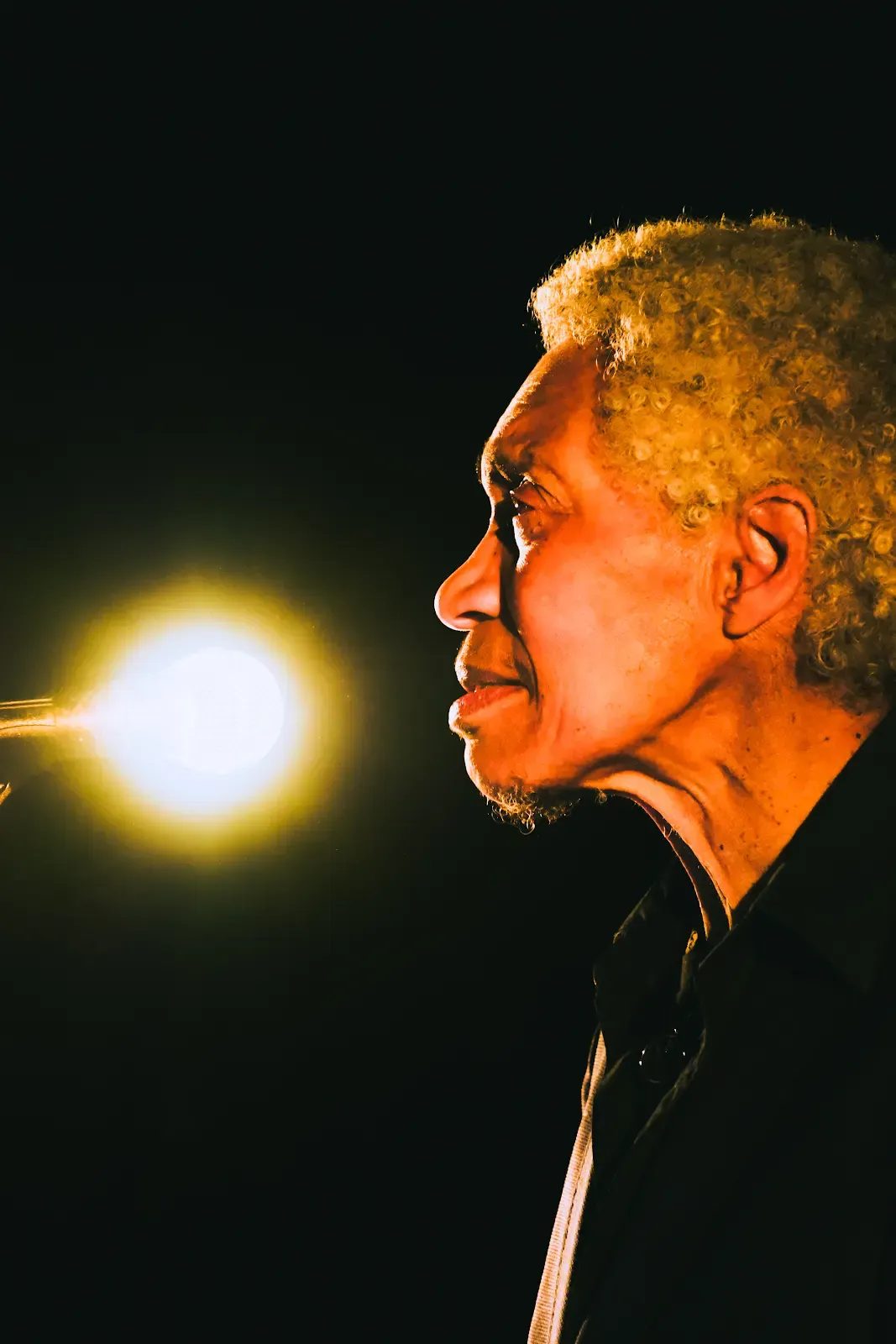 Beverly Glenn-Copeland de perfil, iluminado contra um fundo negro.
