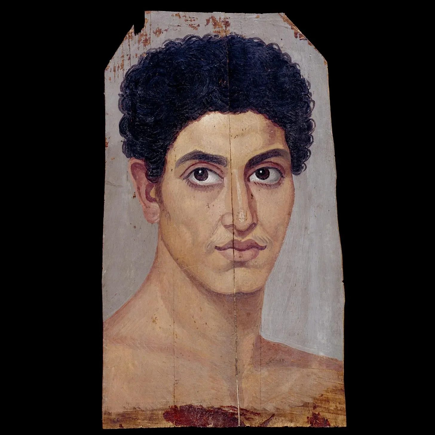 Retrato do Faium: jovem de cabelo escuro e encaracolado.